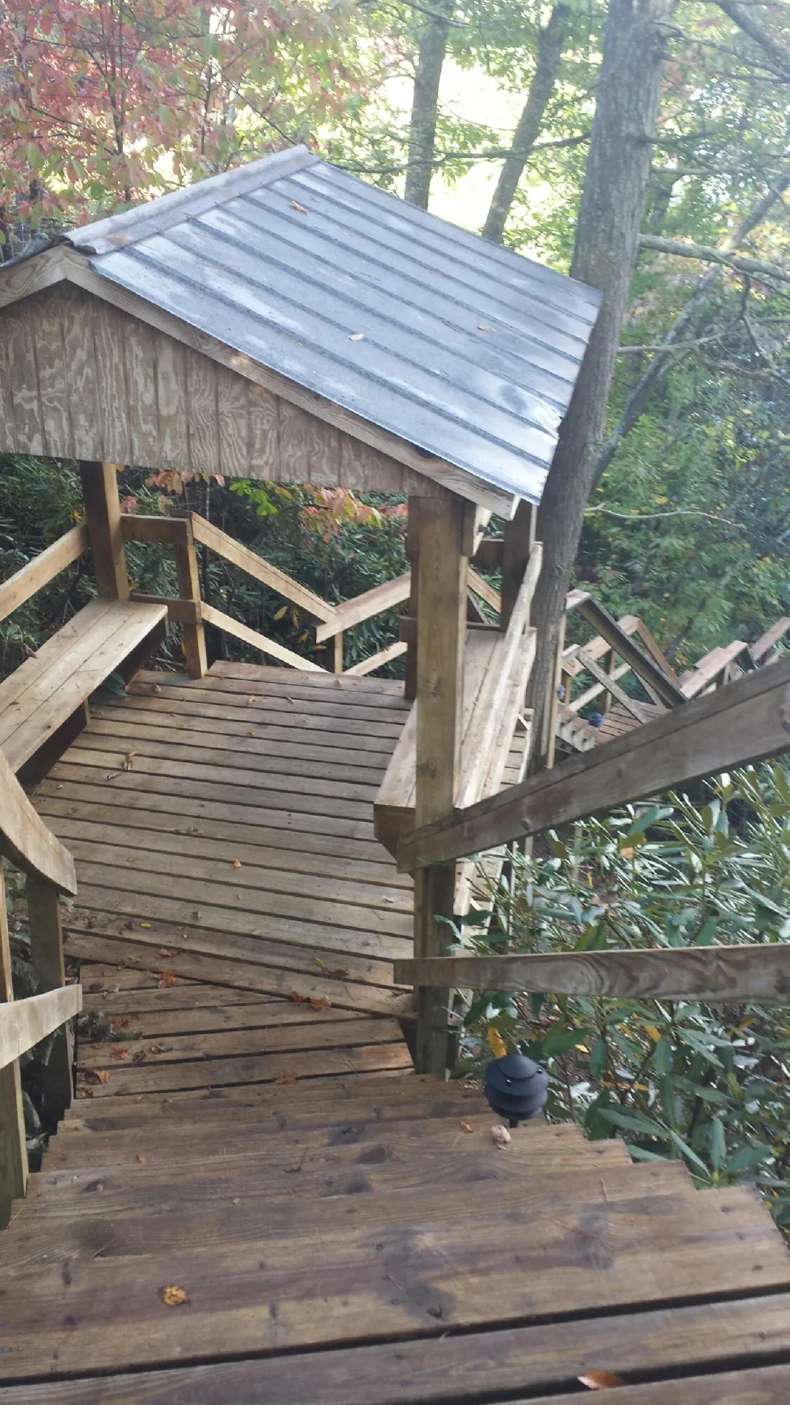 Metal roofed shelter over wooden steps on a wooded walkway — Skylight Repair & Installation work by our crew in Festus